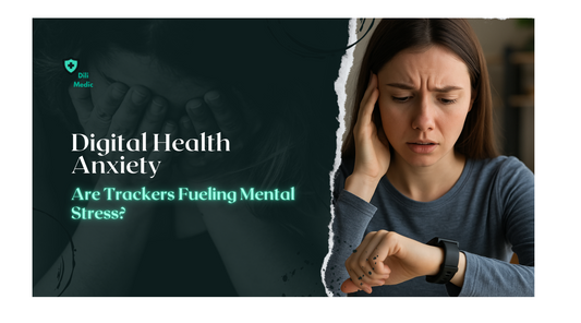 Woman looking concerned while checking a health tracker on her wrist, illustrating digital health anxiety related to wearable devices.