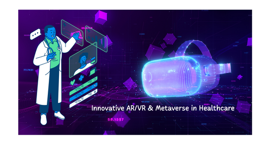 Doctor interacting with augmented reality interface and virtual reality headset, illustrating innovative AR/VR and metaverse applications in healthcare.