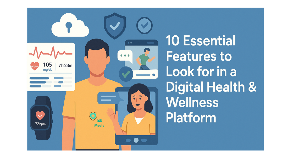 Flat-style digital illustration showing a futuristic health platform interface with icons for remote monitoring, AI coaching, and data security, titled ‘10 Smart Features to Demand from Your Next Health & Wellness Platform