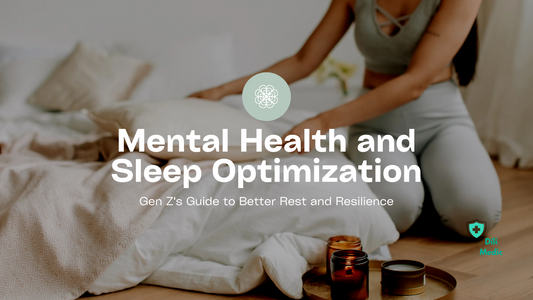 Mental health and sleep optimization theme, Gen Z guide, person arranging pillows on a bed, candles for relaxation, Dili Medic branding.