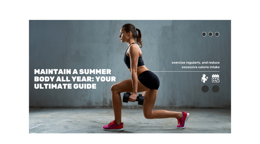 Woman performing a lunge with dumbbells, emphasizing fitness and exercise for maintaining a summer body year-round, alongside text promoting effective health strategies.
