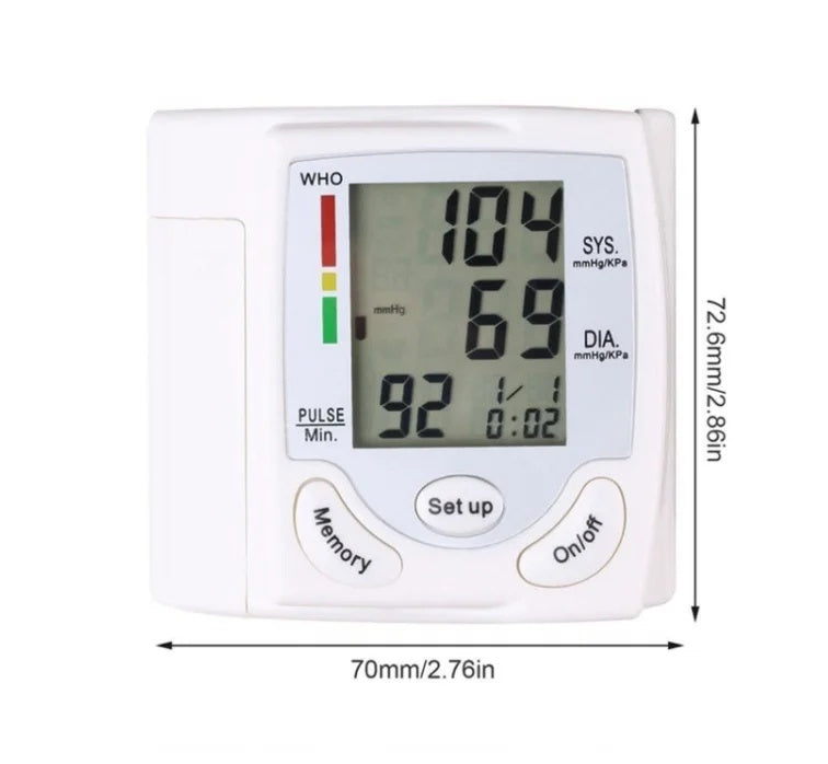 Digital blood pressure monitor with measurement display on a white background