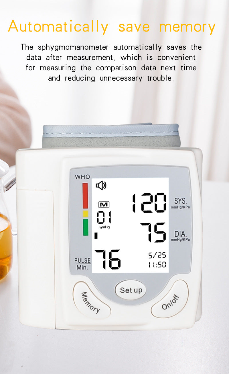 Blood pressure monitor displaying readings with text about memory-saving feature