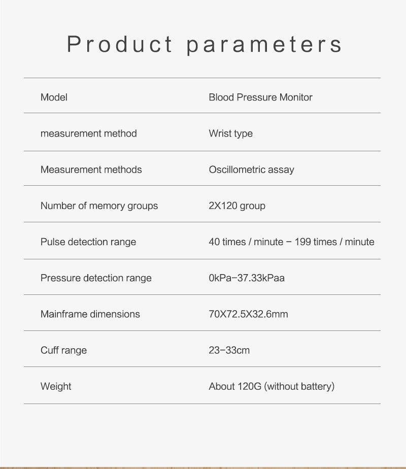 Product parameters table for a blood pressure monitor on a white background