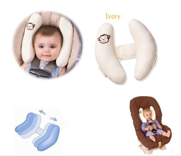 Baby Head-Shaped Banana Pillow and safety seat with adjustable straps and a baby in a car seat illustration, on a white background.