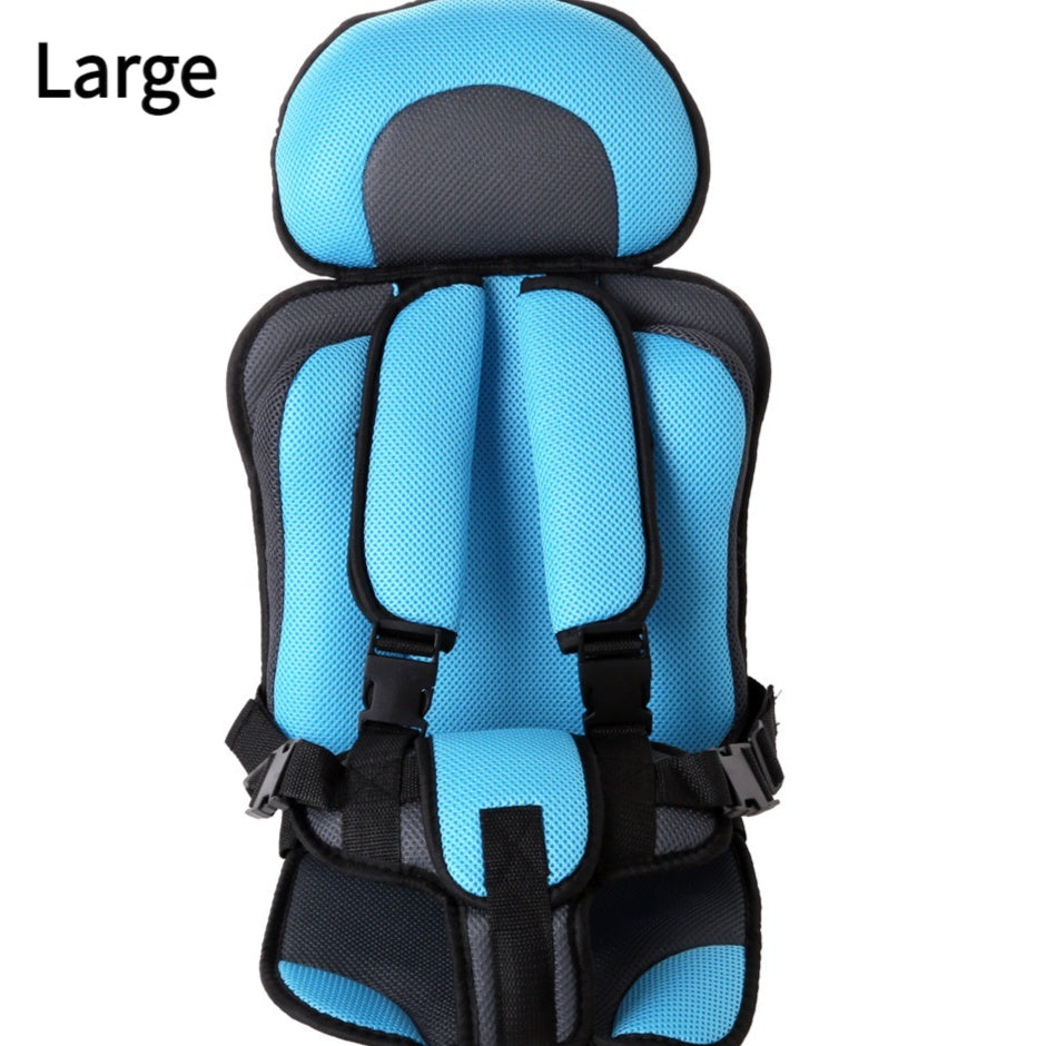 Blue and black child safety seat with 'Large' label on a white background
