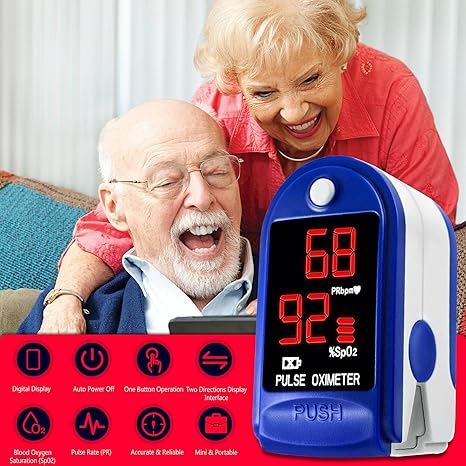 Elderly couple joyfully using a digital pulse oximeter, showcasing health monitoring features like blood oxygen saturation and pulse rate, emphasizing Dili Medic's focus on quality health solutions.