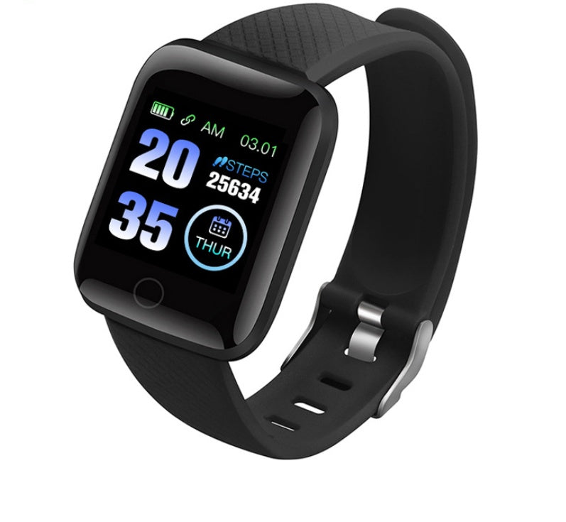 Black smartwatch with digital display on a white background