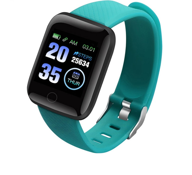 Teal Smart Fitness Bracelet with Heart BP Monitor with a digital display on a white background