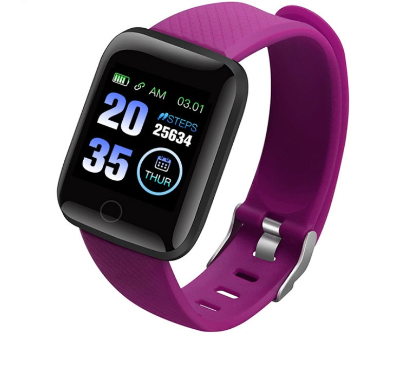 Smart Fitness Bracelet with Heart BP Monitor with a purple band on a white background