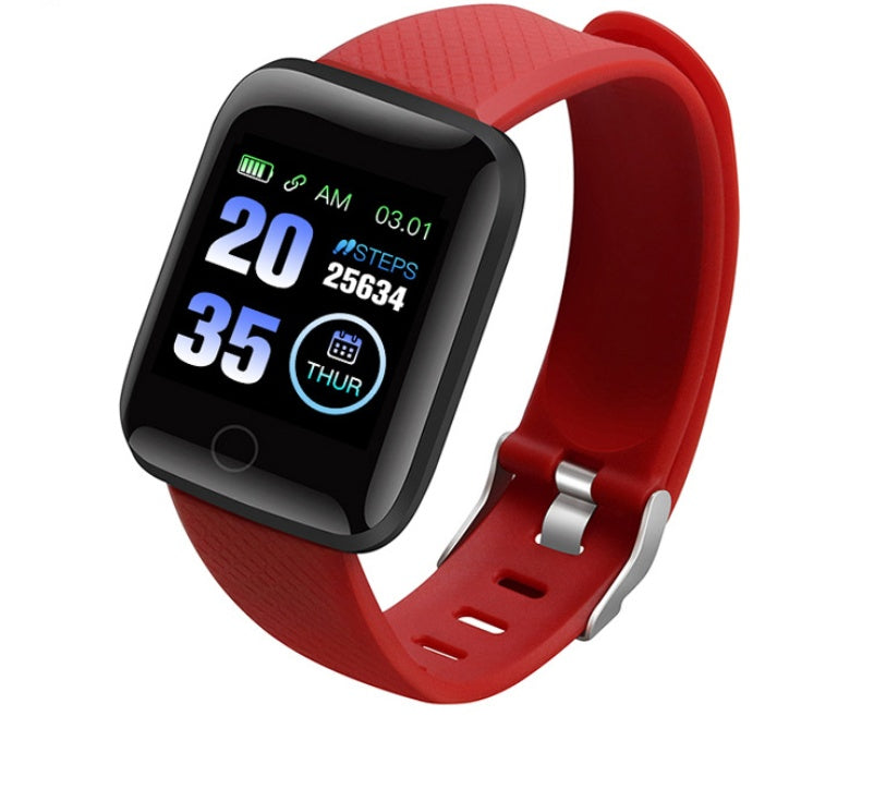 Smart Fitness Bracelet with Heart BP Monitor with a red band on a white background