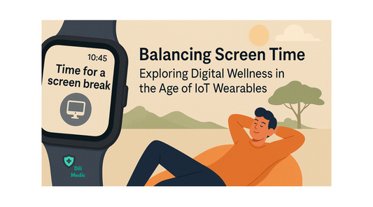 Illustration showing a person relaxing outdoors while a smartwatch displays a screen break reminder, representing balance between screen time and digital wellness in the age of IoT wearables