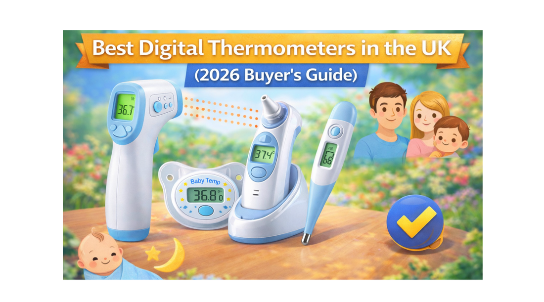 Cover image for the blog post “Best Digital Thermometers in the UK (2026 Buyer’s Guide)” featuring different digital thermometer types for babies, children, and families in a home health setting.