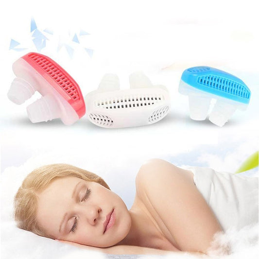 Red, White, and  colored Anti-Snore Devices: Sleep Aid on a white background with a person sleeping