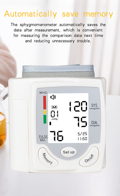 Blood pressure monitor displaying readings with text about memory-saving feature