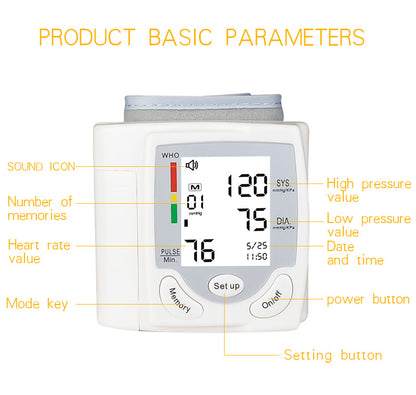 Digital blood pressure monitor with labeled components on a white background