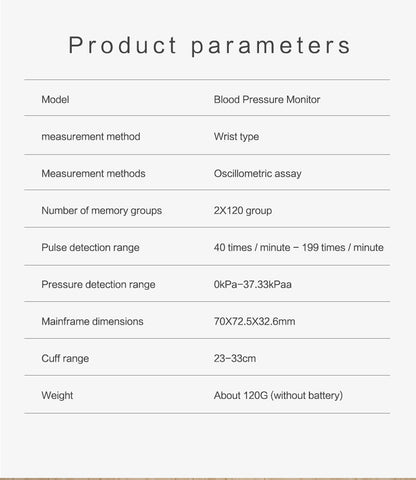 Product parameters table for a blood pressure monitor on a white background