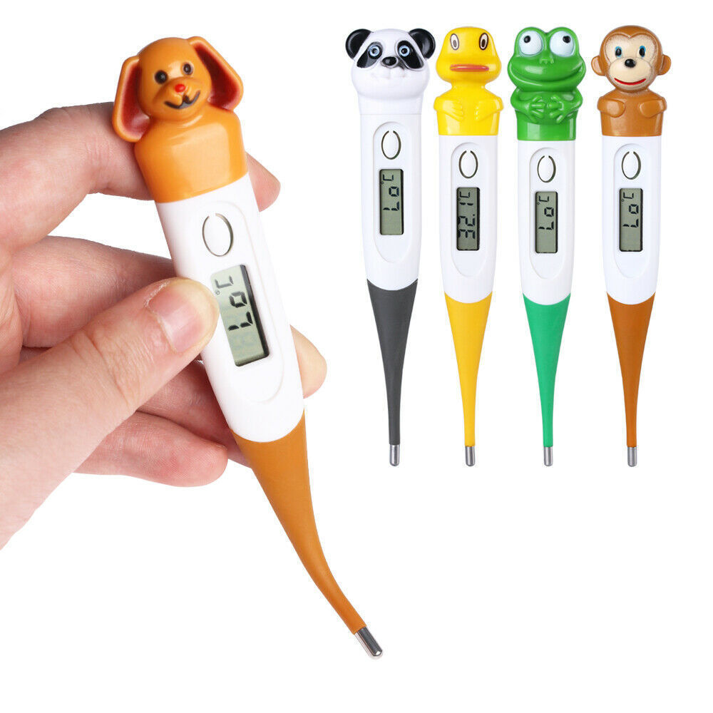 Hand holding a digital thermometer with animal-shaped ends on a white background