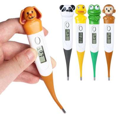 Hand holding a digital thermometer with animal-shaped ends on a white background