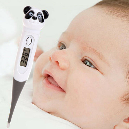 Baby with a digital thermometer featuring a panda design on a white background