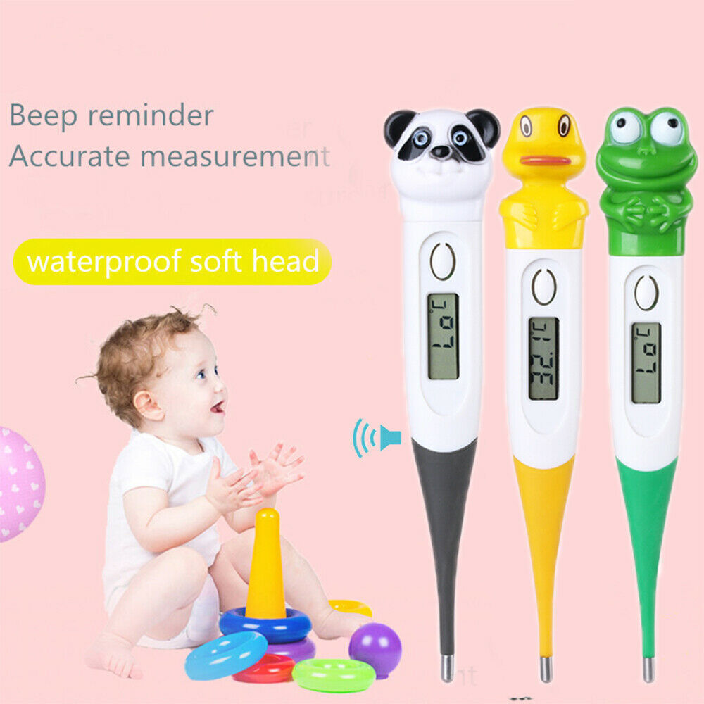 Three colorful digital thermometers with animal designs next to a child playing.