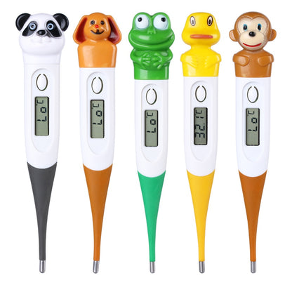 Set of five colorful digital thermometers with animal-shaped ends on a white background