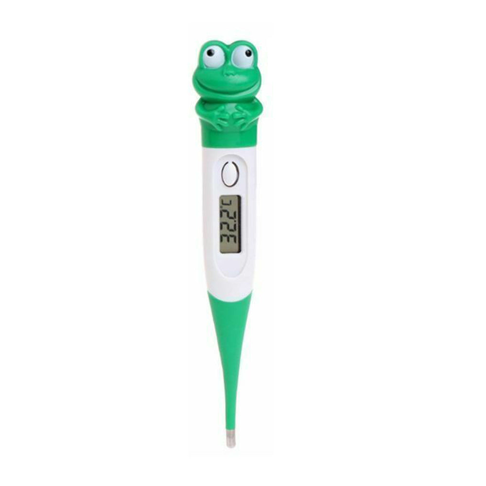 Green frog-shaped digital thermometer on a white background