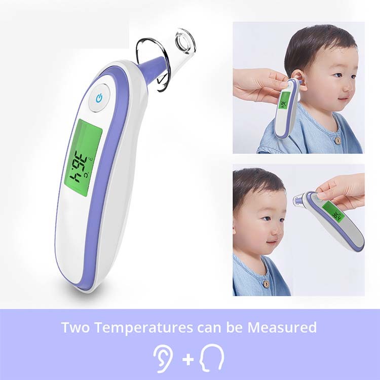 Digital thermometer with images of a child using it on a white background