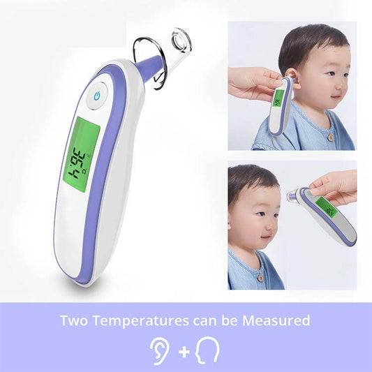 Digital thermometer with images of a child using it on a white background