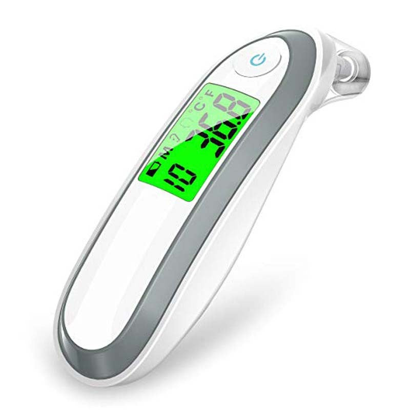 Digital thermometer with a green display on a white background