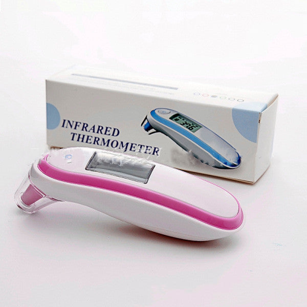 Infrared thermometer with pink finish on a white background