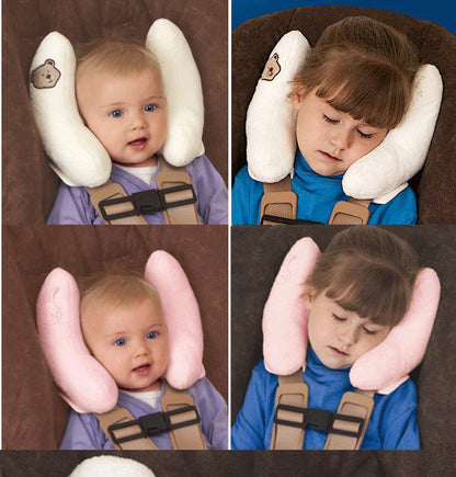 Collage of a child using a Baby Head-Shaped Banana Pillow in different colors