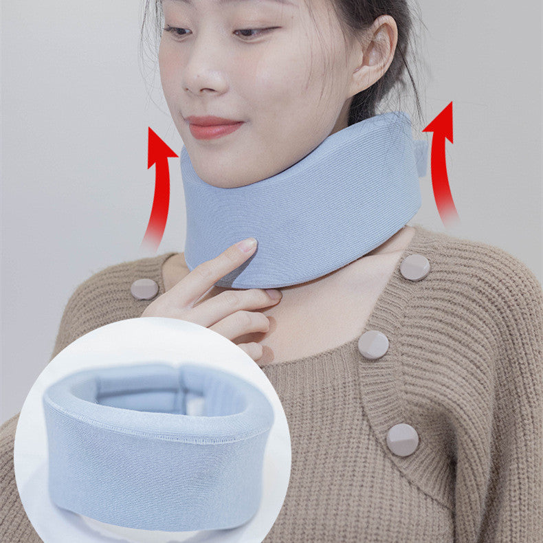 Person wearing a blue neck brace with arrows indicating support, on a plain background.