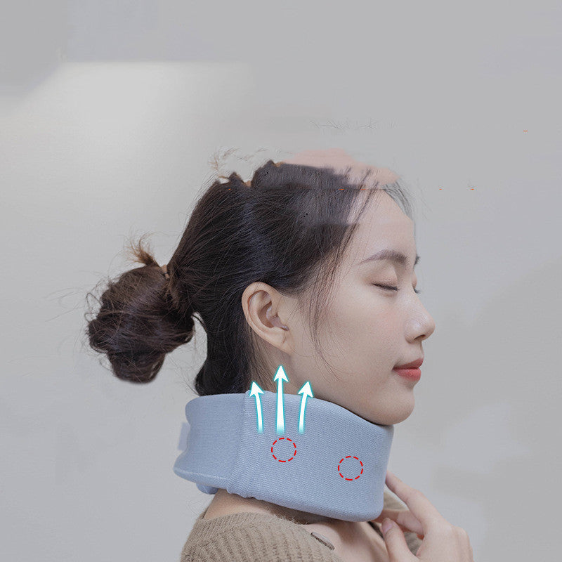 Woman wearing a neck brace with arrows indicating correct usage on a plain background