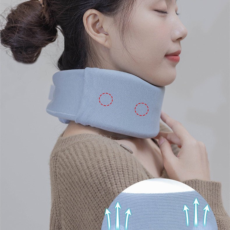 Woman wearing a blue neck pillow with a close-up of the product on a gray background