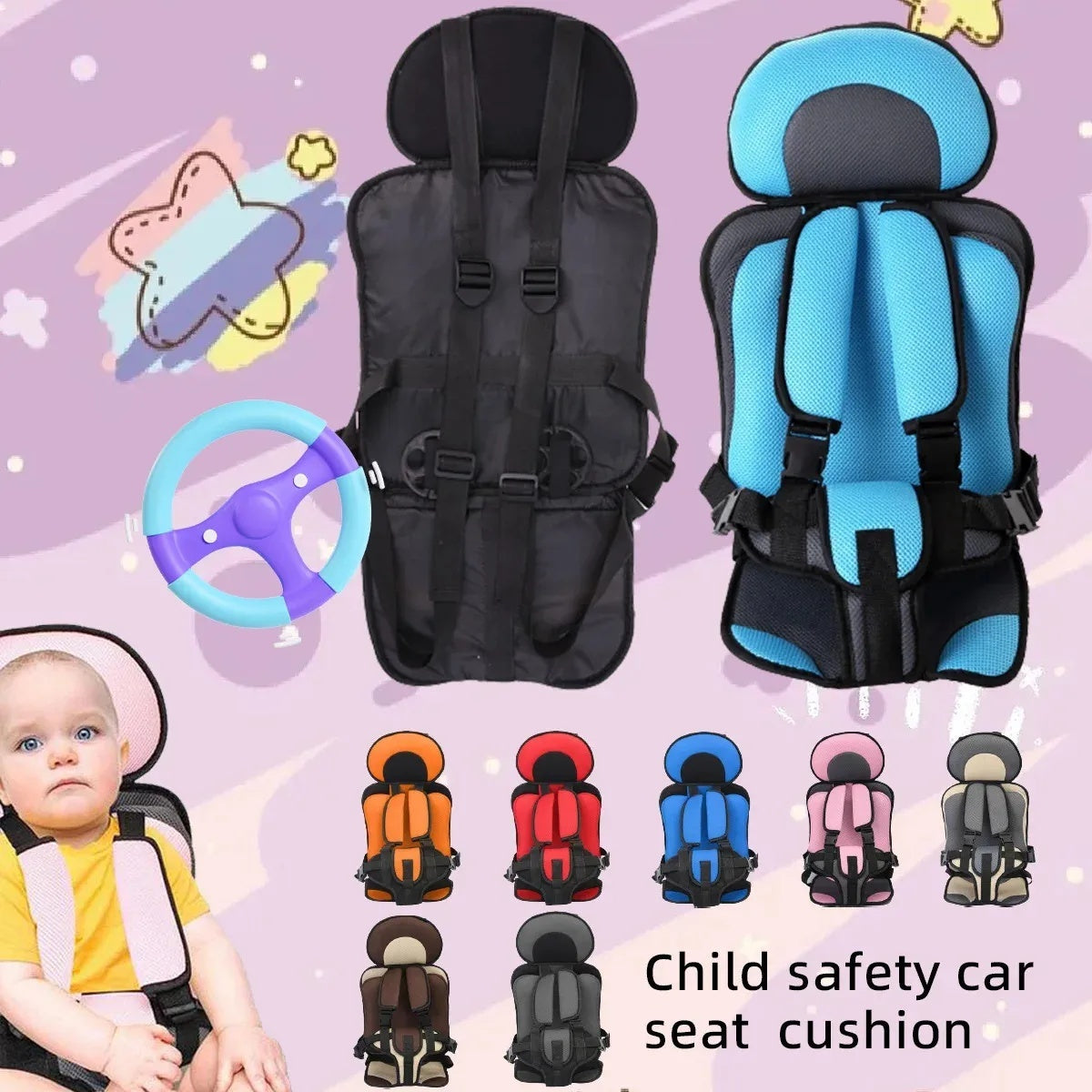 Child safety car seat cushion with various color options on a colorful background