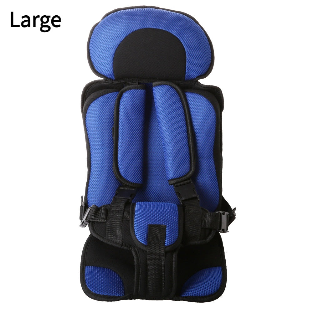 Blue and black child safety seat on a white background