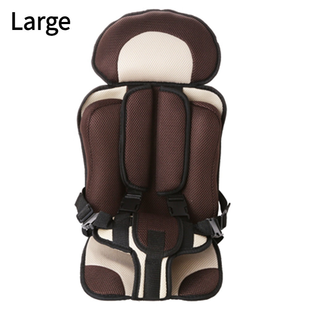 Brown and beige child car seat with 'Large' label on a white background