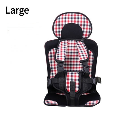Large children's car seat with red and black checkered pattern on a white background