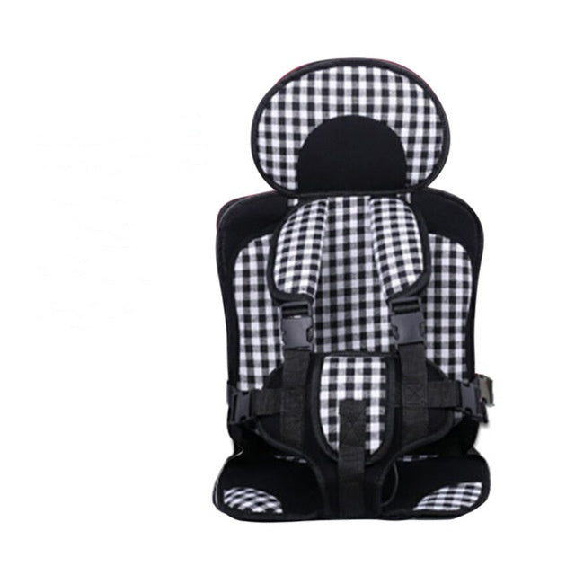 Black and white checkered child car seat on a white background