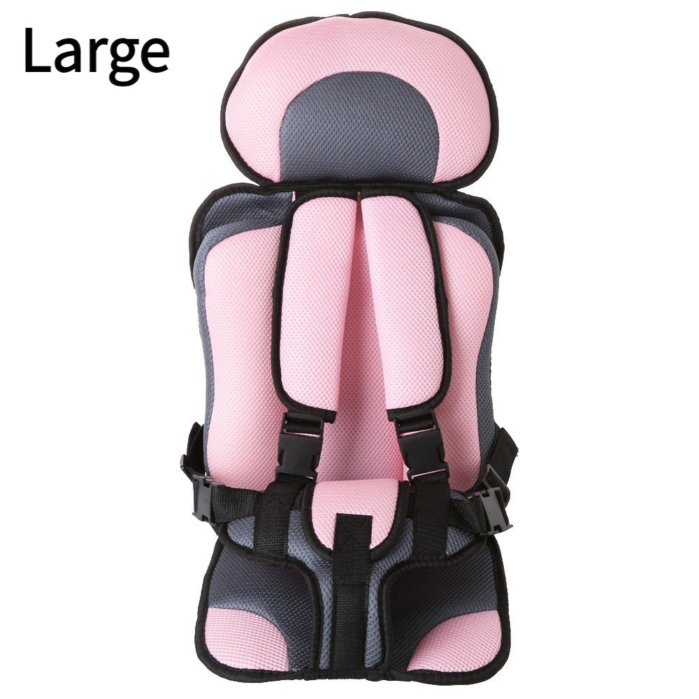 Pink and gray child seat with 'Large' label on a white background
