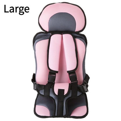 Pink and gray child seat with 'Large' label on a white background