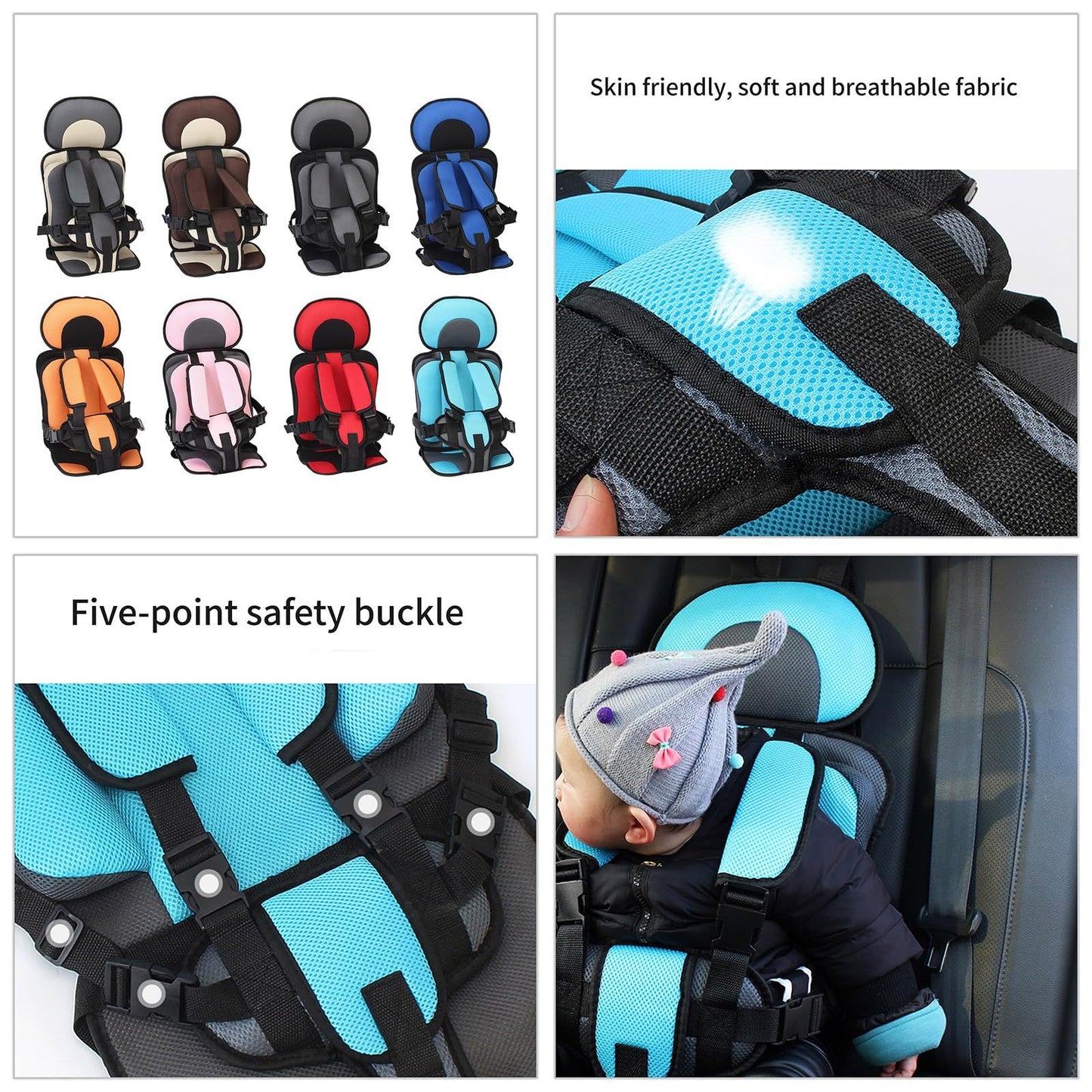 Baby car seat with color options, fabric texture, safety buckle details, and a child using the seat.