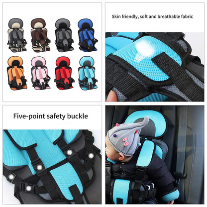 Baby car seat with color options, fabric texture, safety buckle details, and a child using the seat.