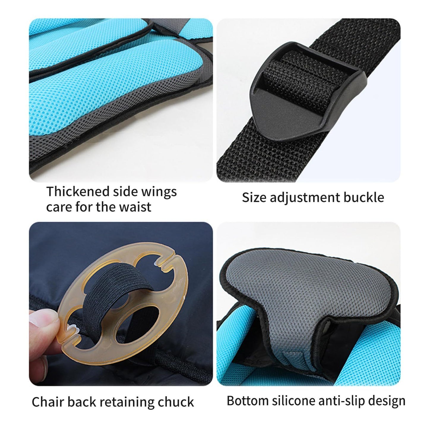 Product features including side wings, size adjustment buckle, chair back retaining chuck, and bottom silicone anti-slip design.