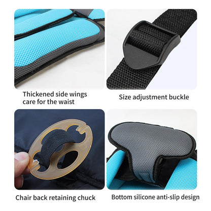 Product features including side wings, size adjustment buckle, chair back retaining chuck, and bottom silicone anti-slip design.