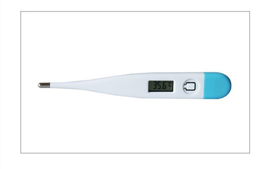 Digital thermometer with a white body and blue tip on a white background