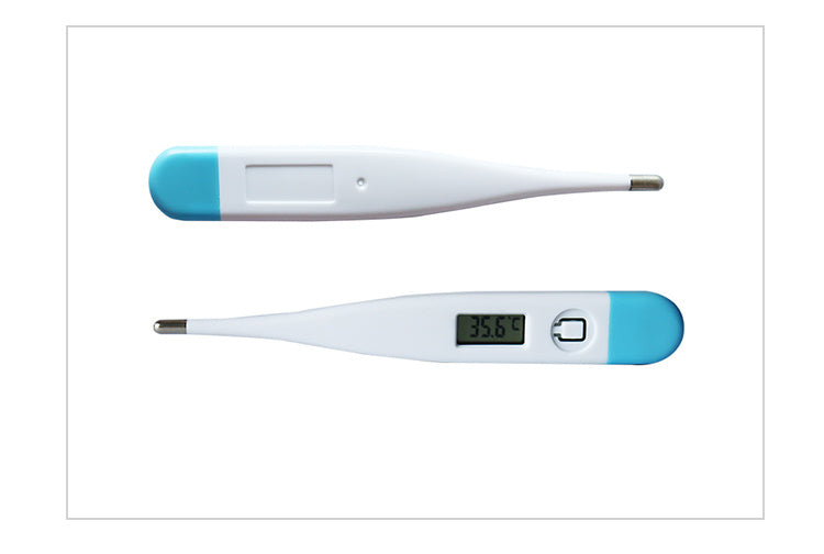 Two electronic thermometers with blue ends on a white background