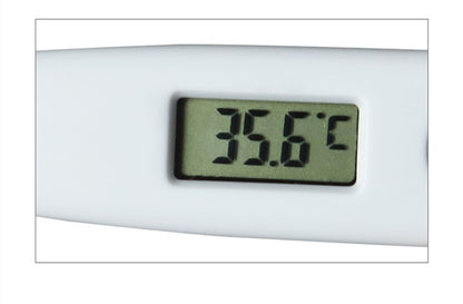Digital thermometer displaying a temperature of 35.6°C on a white background