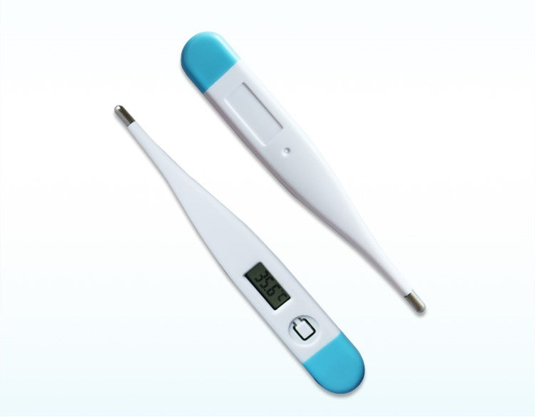 White digital thermometer with blue accents on a white background